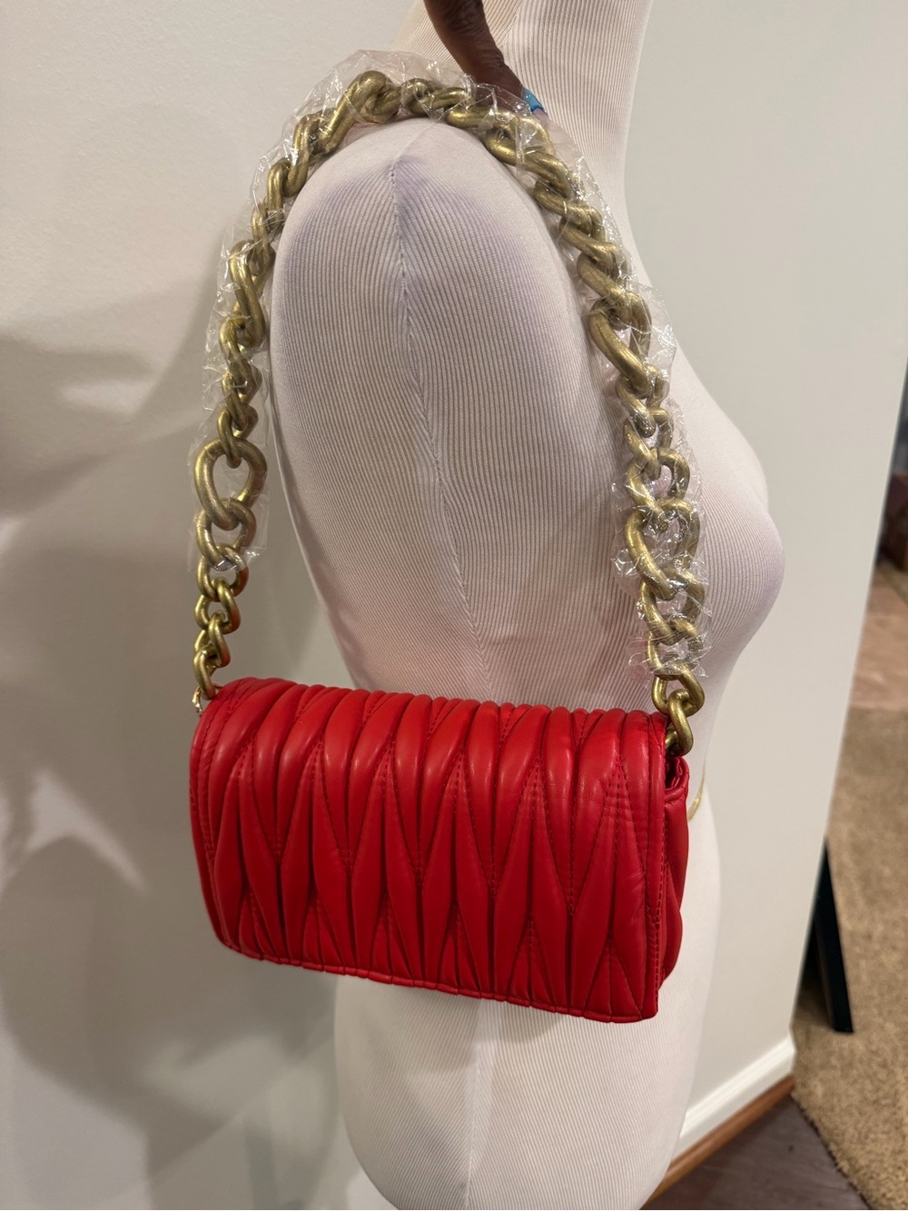 New Red Quilted Shoulder Bag with Gold Chain Strap